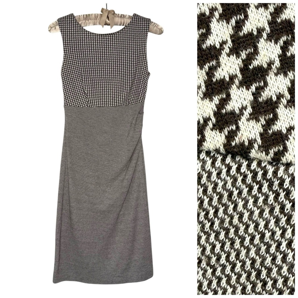 MNG Mango Wool Dress XS Pencil Sheath Knee Length Brown Dogstooth Ruched‎ Career